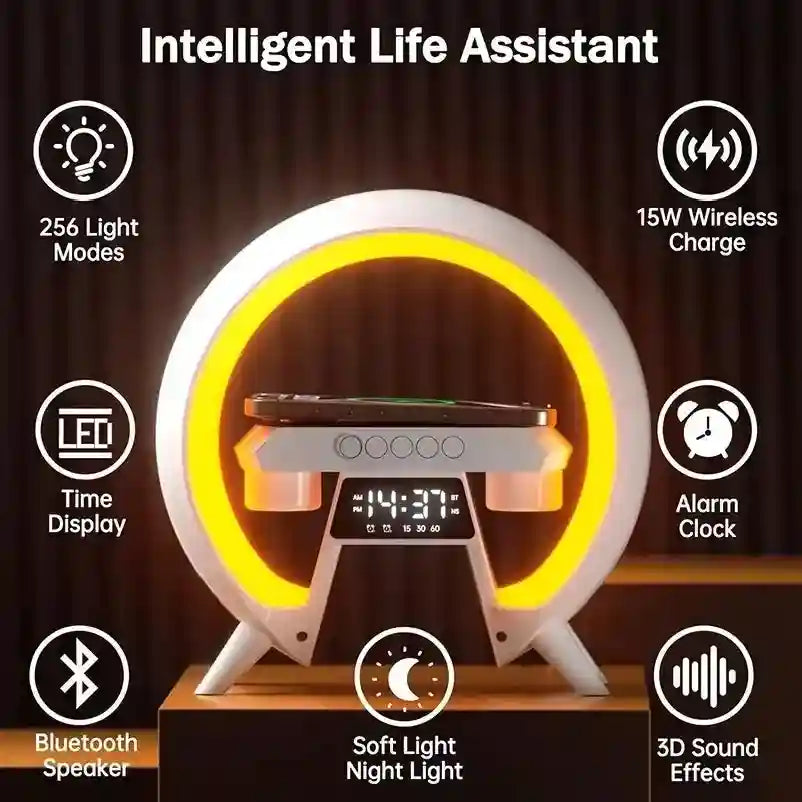 G Shape Wireless Charger Lamp with Bluetooth Speaker & Clock | White Tidesmit