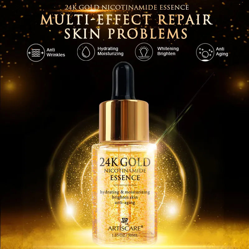 ARTISCARE 24K Gold Nicotinamide Essence dropper bottle for anti-aging, moisturizing, and skin brightening facial care.