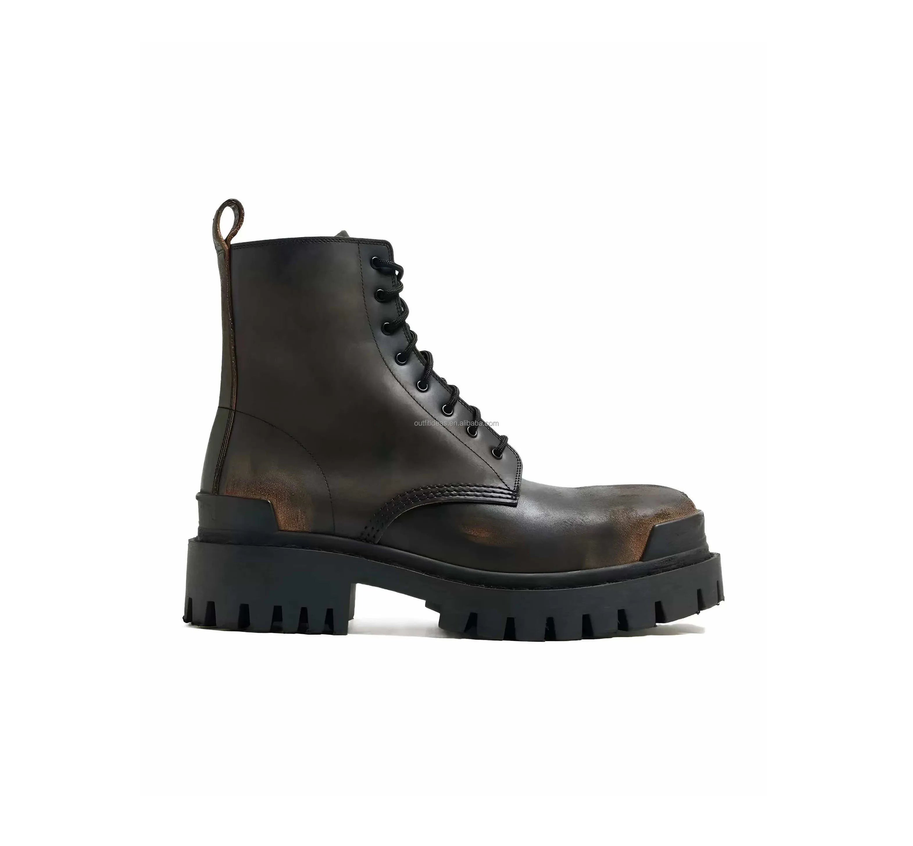 Extra Round Toe Distressed Men Leather Trendy Dress Shoes Unisex Women Strike 8 Eyelets Lace-up 20mm Black Calfskin Strike Boots
