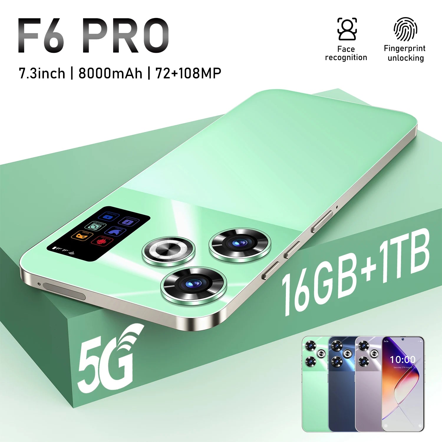 Tidesmit 5G Smartphone, 16GB RAM, 1TB Storage, 108MP Camera Green 16g Tidesmit