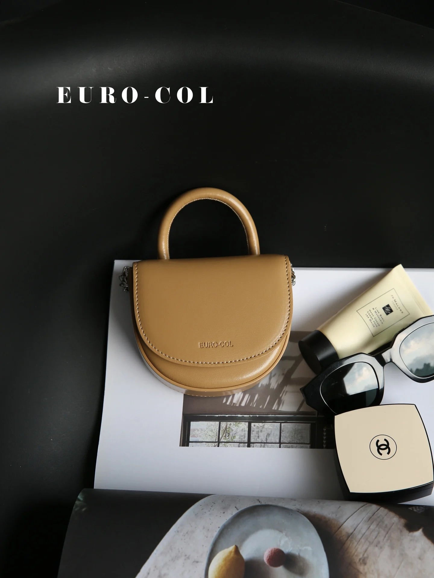 Tan cowhide leather designer handbag, small structured clutch with top handle and magnetic flap, B1152.