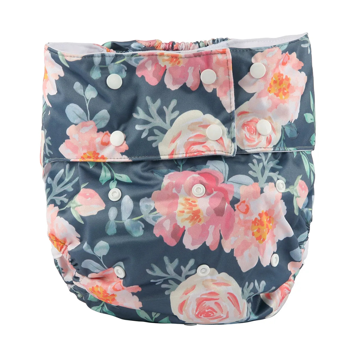 Reusable baby cloth diaper with adjustable snap buttons and pink floral print on dark blue background.