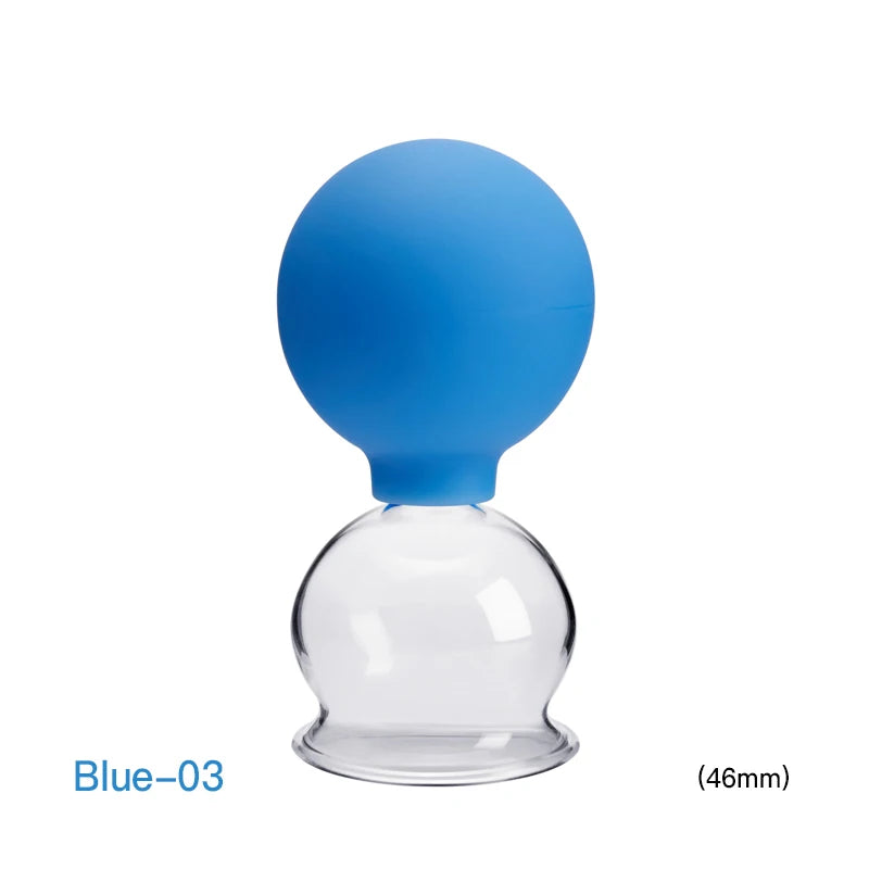 A 46mm vacuum cupping therapy cup with a clear glass body and a bright blue silicone squeeze bulb top.
