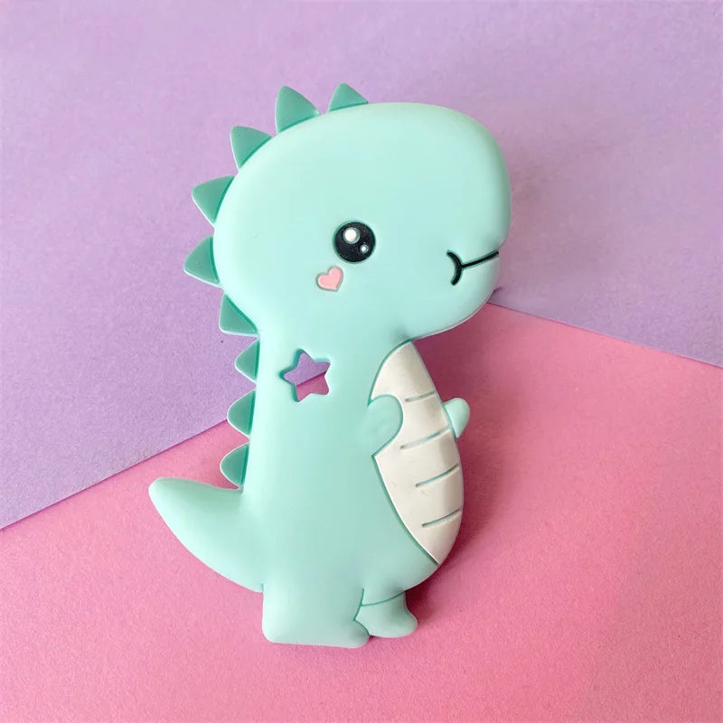 Mint green dinosaur silicone baby teething toy for pain relief.
