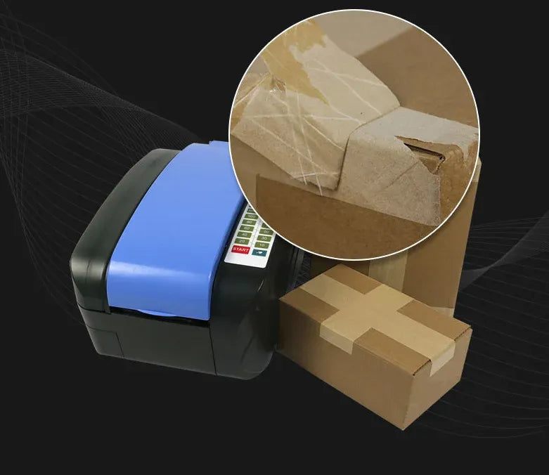 Electric tape dispenser dispensing packing tape on shipping boxes with close-up tape contact