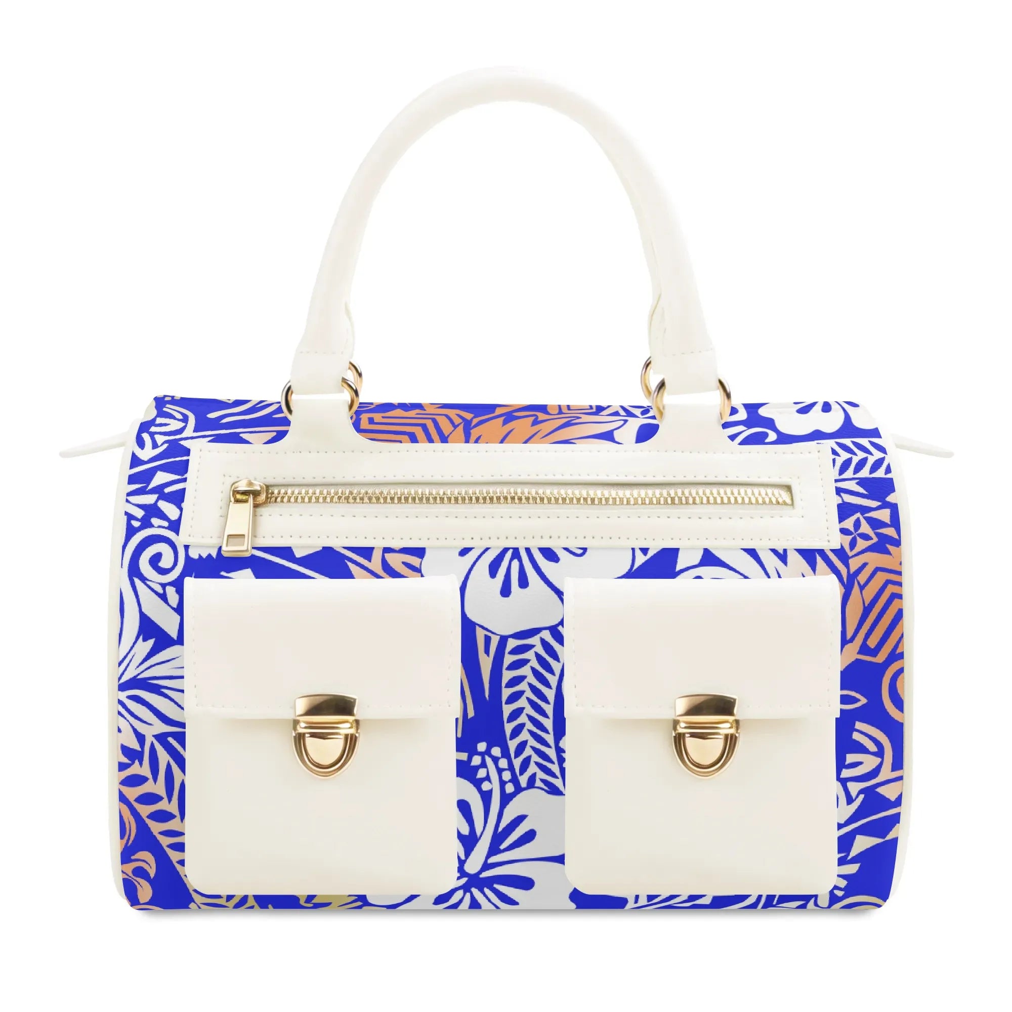 Designer white and blue floral PU leather tote bag with gold hardware, dual front pockets, and zip-top closure.