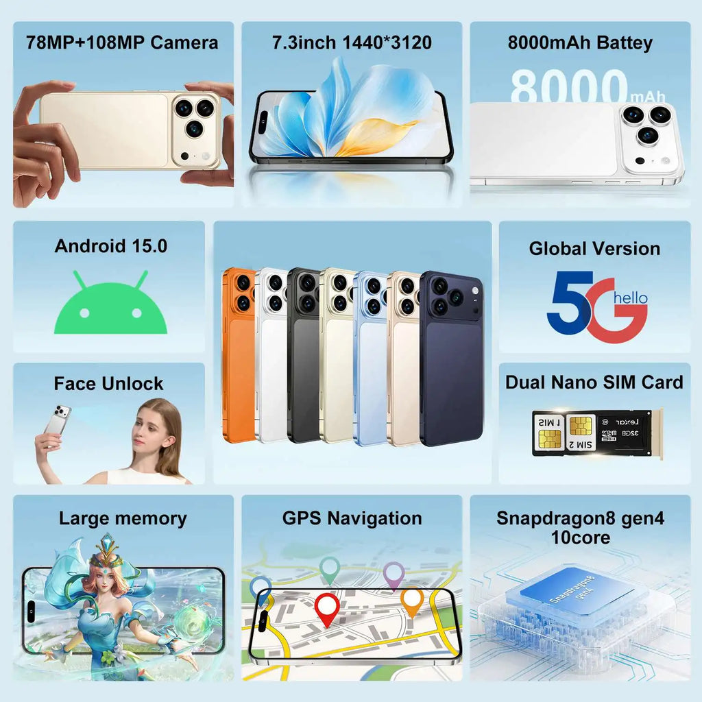Android 15 Smartphone 16GB 1TB, 108MP Camera, 7.3 Inch AMOLED Display Tidesmit