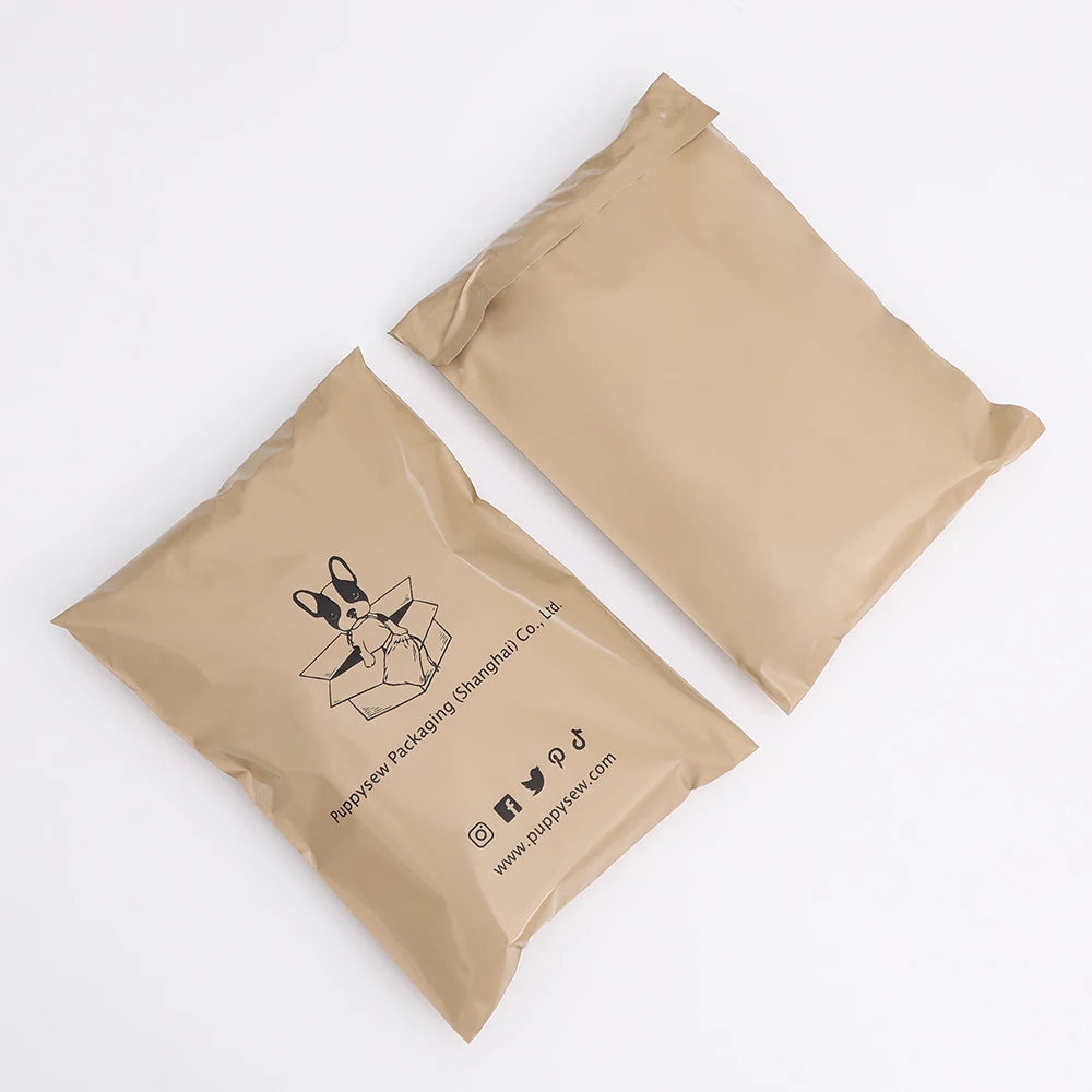 Tan poly mailer shipping bags with bunny logo and social icons print