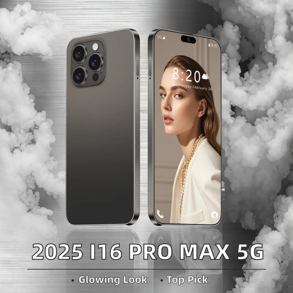 2025 I16 Pro Max Smart Android 13 Mobile Phone 7.3" HD Screen Deca Core CPU 5G 16GB+1TB 144Hz 108MP 65W Quick German French