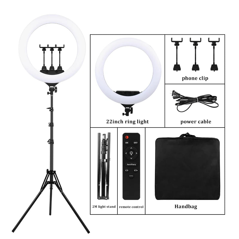 22-inch white LED ring light kit with tripod stand, three phone clips, power cable, remote control, and carry bag.