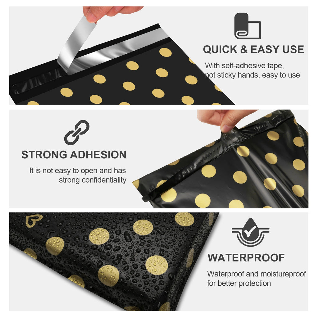 10x13 Inch Gold Polka Dots Poly Mailers 100 Pack, Self-Adhesive Thick Shipping Bags for Clothing, 2-Day Shipping 5-Day Delivery
