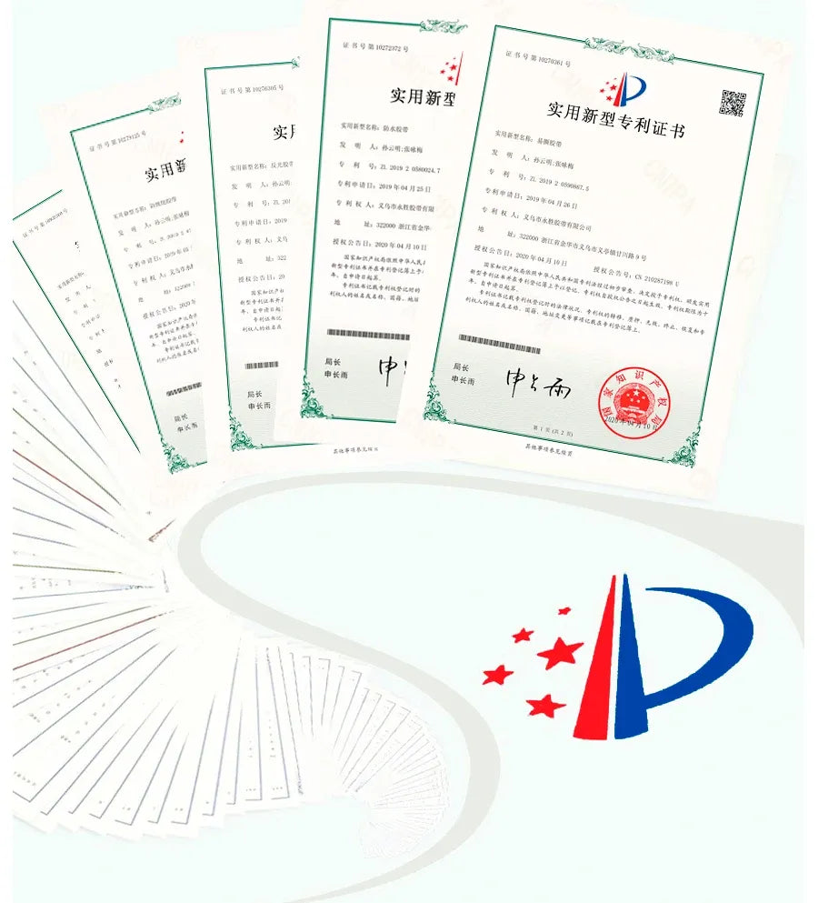 Double-sided tape certification documents with official seals and letterhead