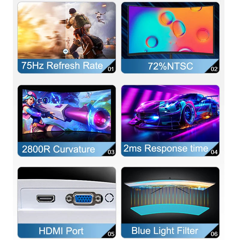 24 Inch Curved 75Hz Monitor Gaming VA FHD 1080P Computer Display 2800R HDMI/VGA DCR Eye Protect VESA 100*100 2ms Response