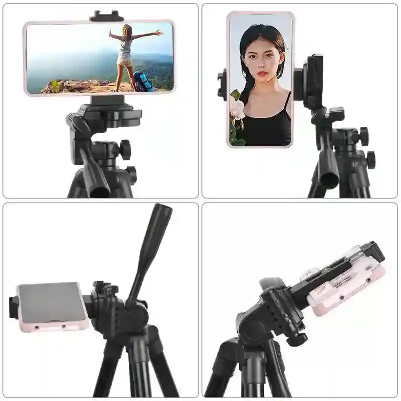Black plastic smartphone tripod with adjustable swivel mount for horizontal and vertical photography.