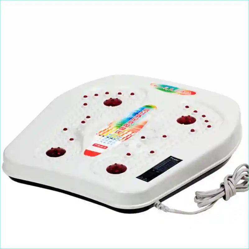 White electric vibrating foot massager with infrared heating, magnetic wave therapy, and acupressure nodes for home use.