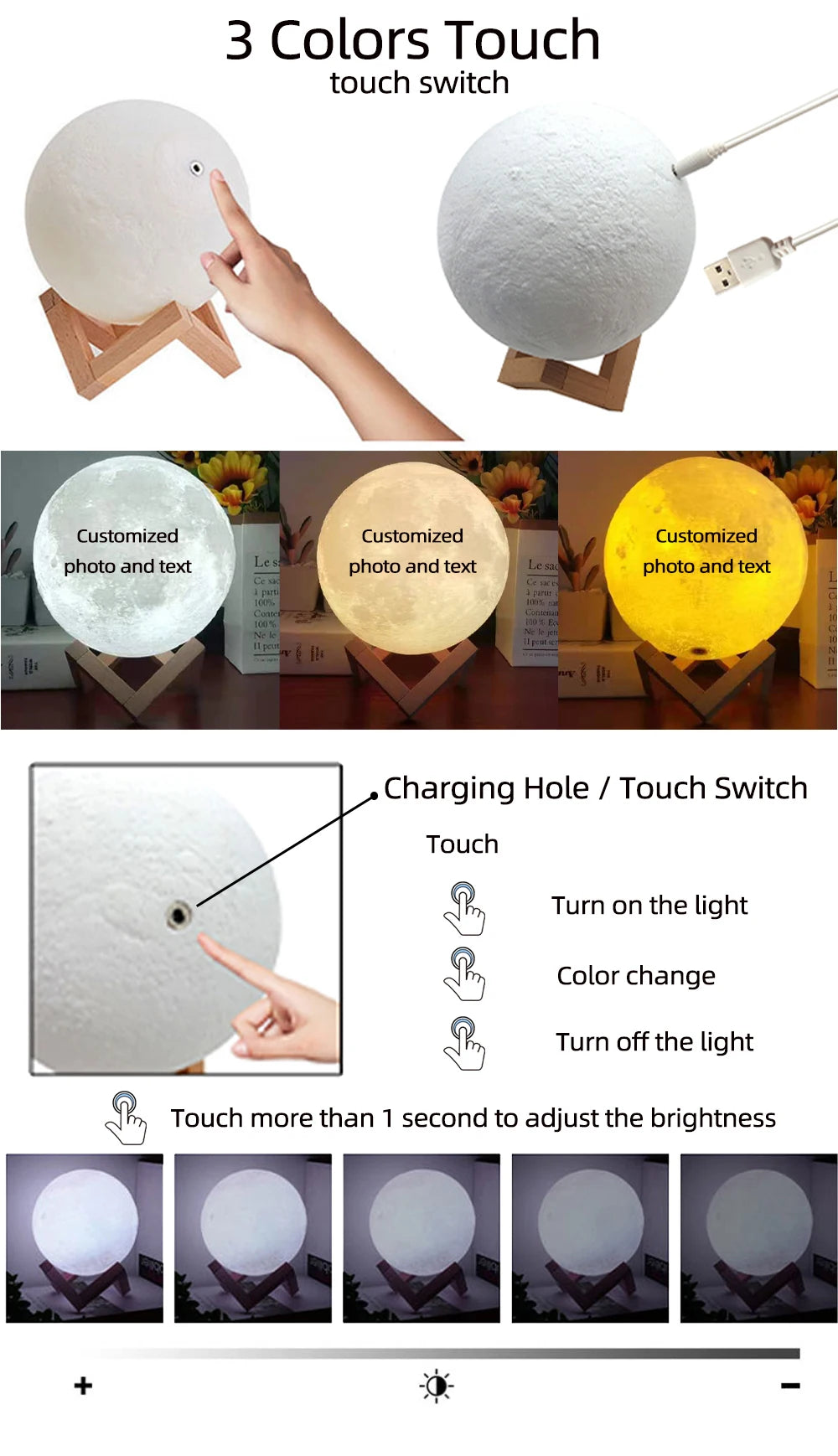 Round moon-shaped lamp on a wooden stand with three-color touch lighting, adjustable brightness, and USB charging.