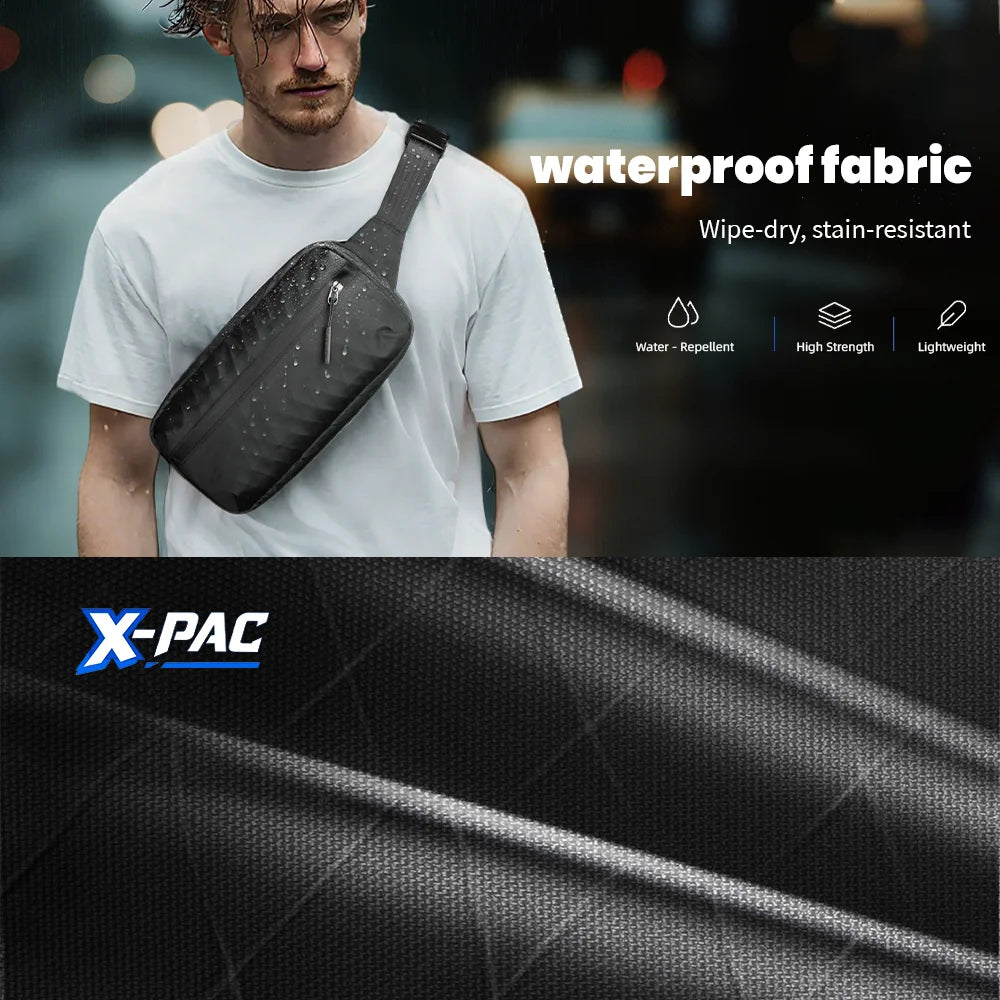 Black waterproof X-Pac designer crossbody messenger bag for men, featuring a sleek, durable travel-ready design.