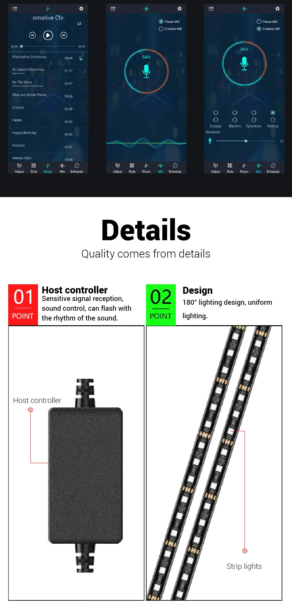 LED strip lights with a rectangular sound-sensitive host controller and app interface for rhythm-based lighting control.