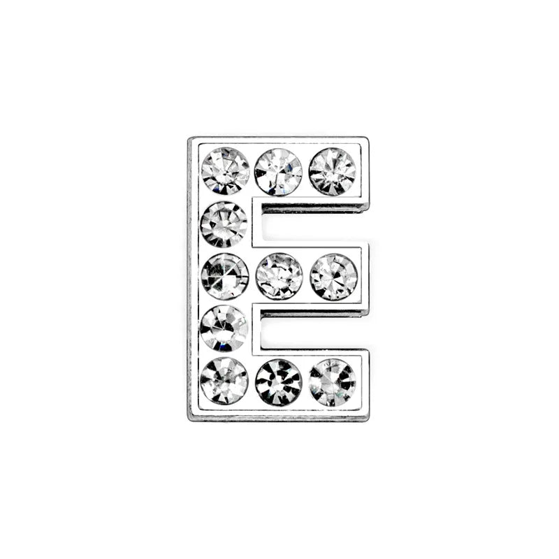 Rhinestone letter E slide charm for 8mm DIY pet collars. Decorative silver alphabet initial for personalized dog collars.