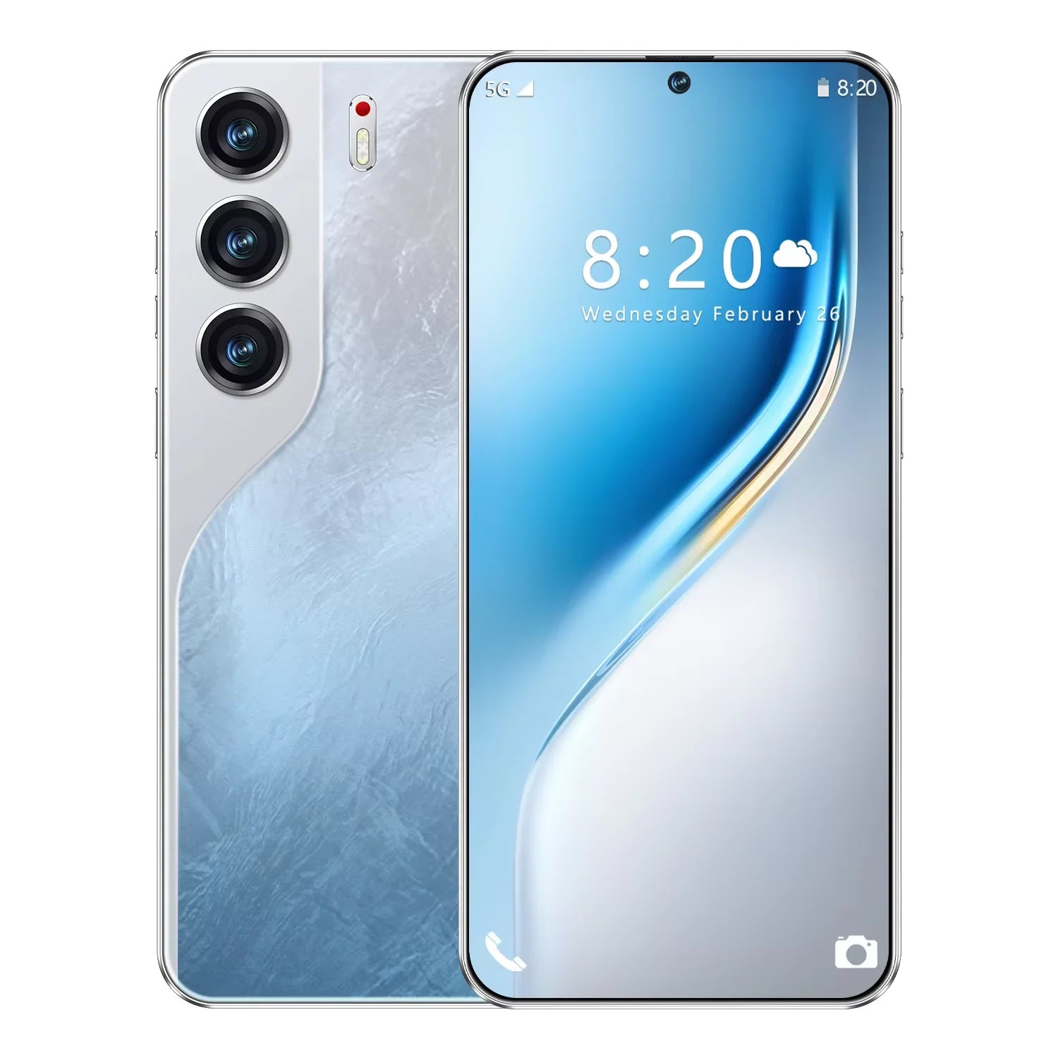 Blue smartphone with triple rear cameras and front display showing 8:20 and date