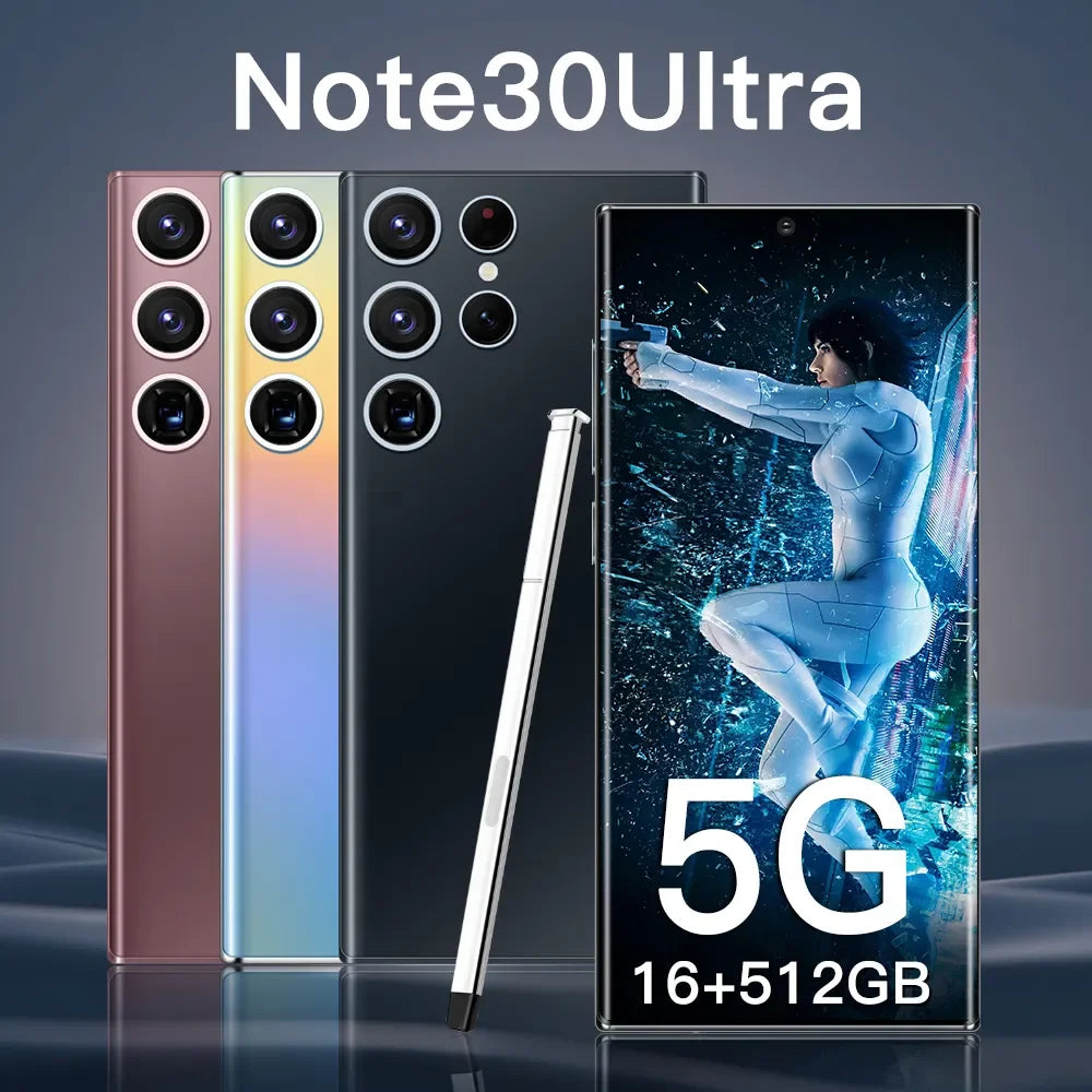 Slim Profile Note 30 Ultra smartphone with 7.3 inch AMOLED screen and 5G connectivity shown from a side angle