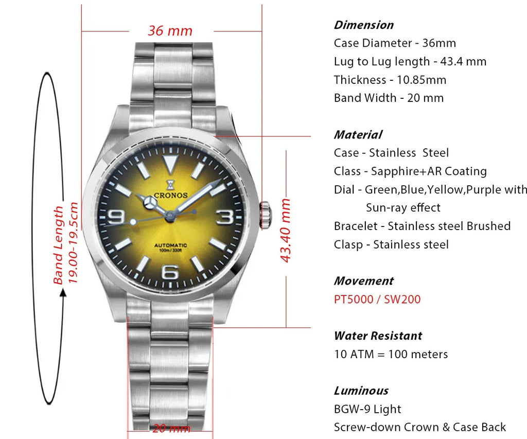 Cronos Luxury Men Watches 36mm Explore Climbing Series Couples Sport Watch NH35 PT5000Unisex Automatic Mechanical Watch 10Bar