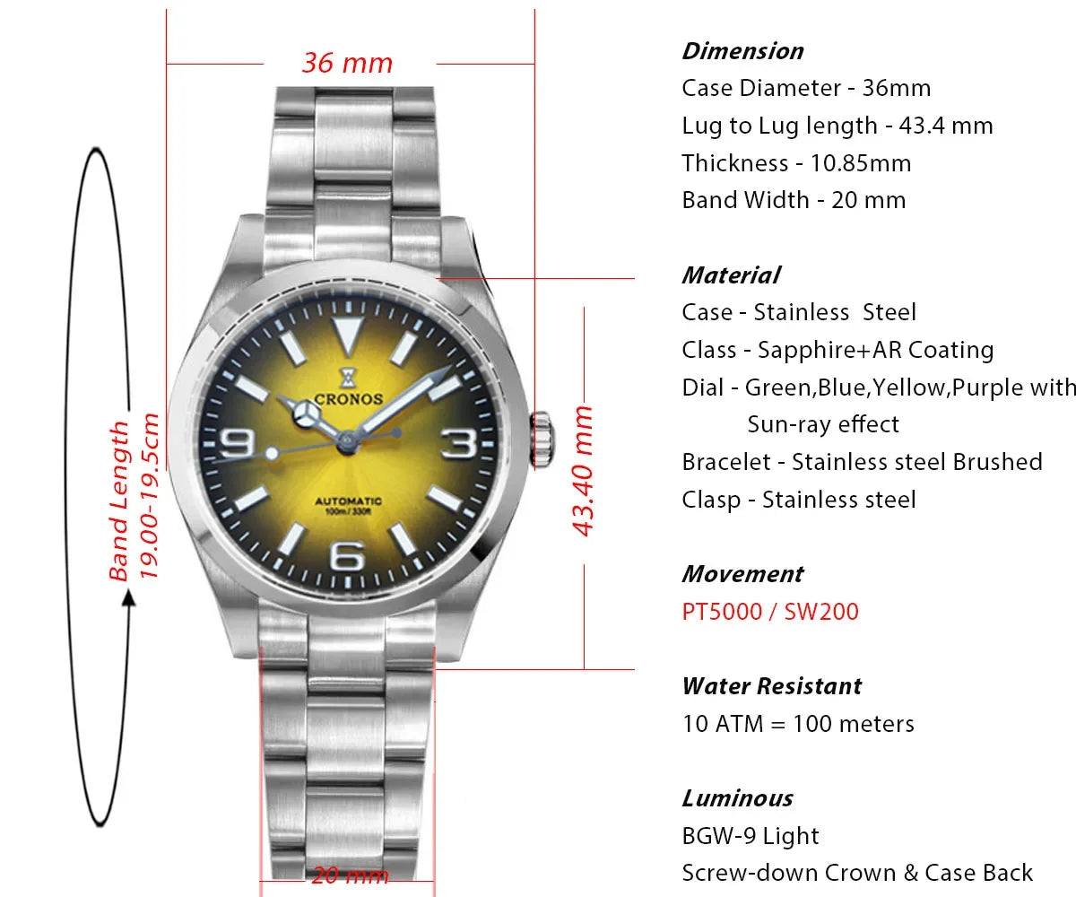 Cronos Luxury Men Watches 36mm Explore Climbing Series Couples Sport Watch NH35 PT5000Unisex Automatic Mechanical Watch 10Bar