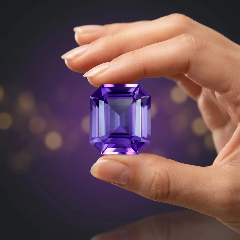 Emerald-cut purple amethyst gemstone held in hand, faceted for sparkle
