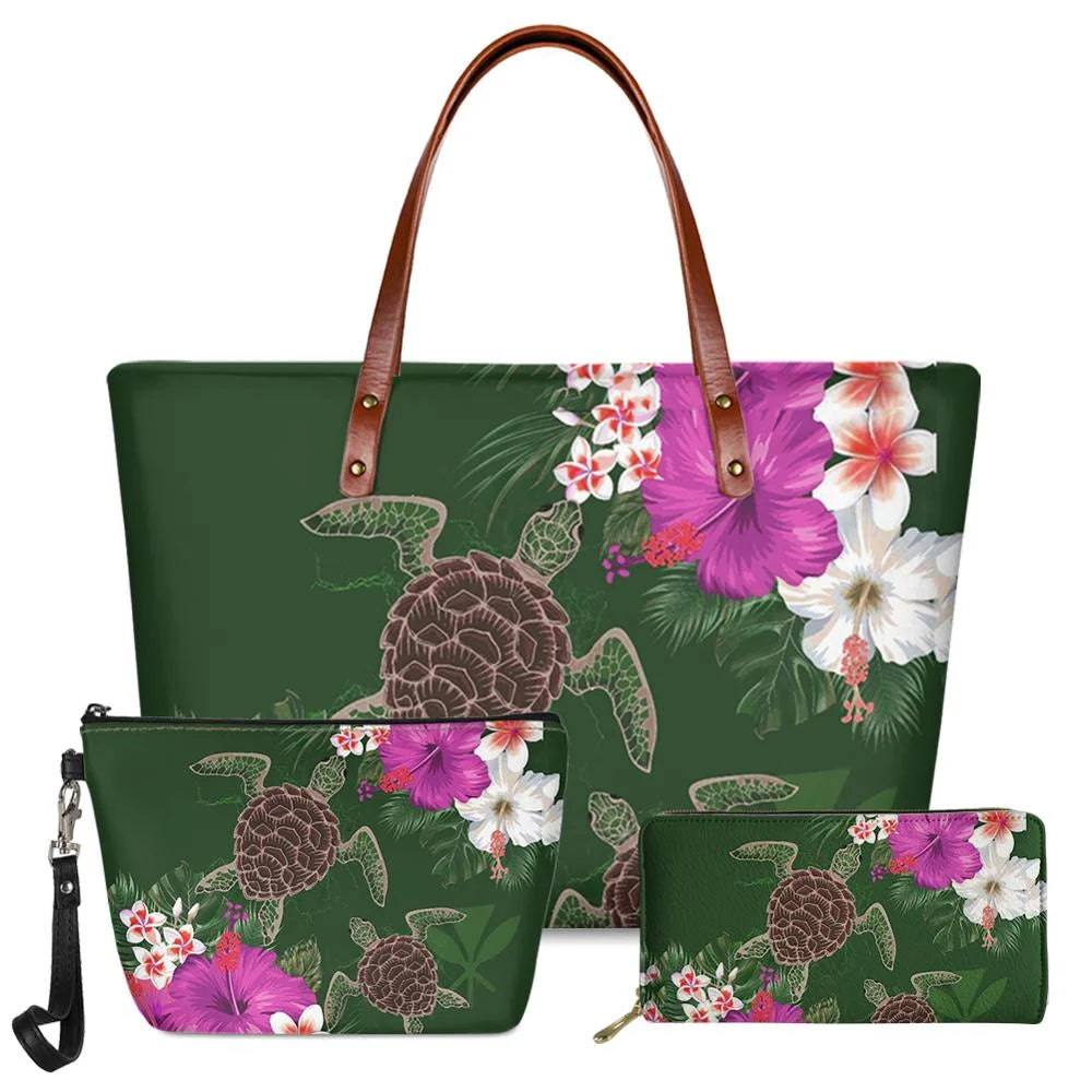 3-piece green faux leather handbag set with Polynesian turtle and tropical hibiscus floral print, brown leather handles.