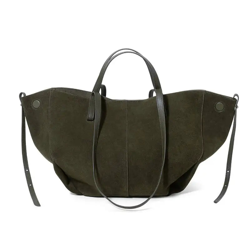 Large capacity olive green suede leather designer tote bag with shoulder straps and side button detail.