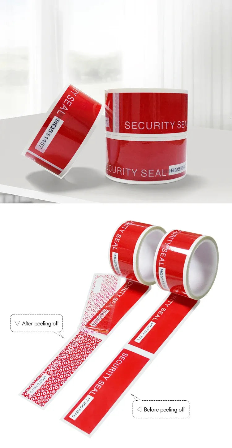 Red security seal tape roll with loose strip and tamper-evident printed marks