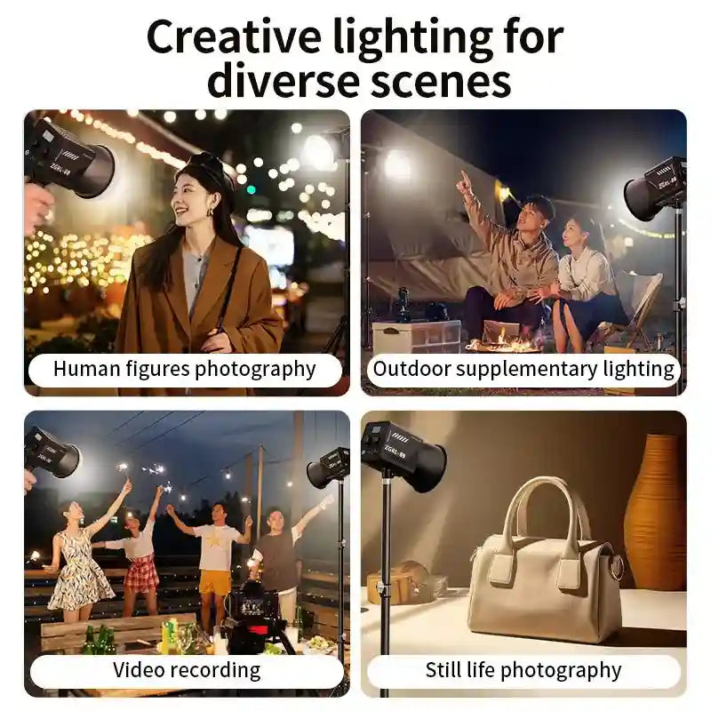 Portable black cylindrical LED video light on a tripod stand, used for photography, outdoor lighting, and videography.