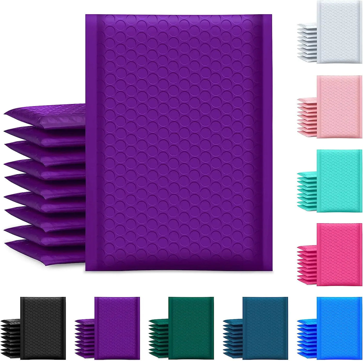 Purple bubble poly mailer bag with raised dot texture, stacked shipping envelopes