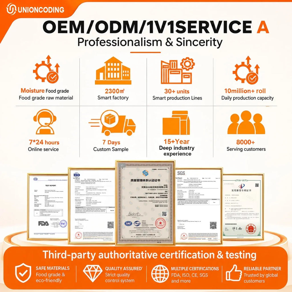 Company service poster with orange icons and certification badge panels
