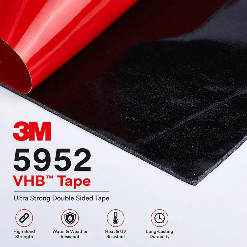 Double-sided foam tape sheet with black foam layer and red liner