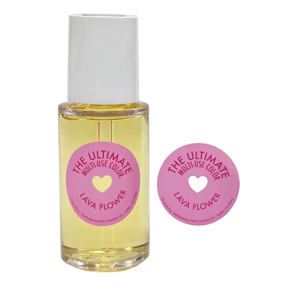 Round pink adhesive logo stickers, printed text and heart icon on a bottle