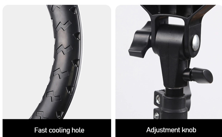 Black ring light housing with cooling vents and a plastic adjustable mounting bracket for a tripod stand.
