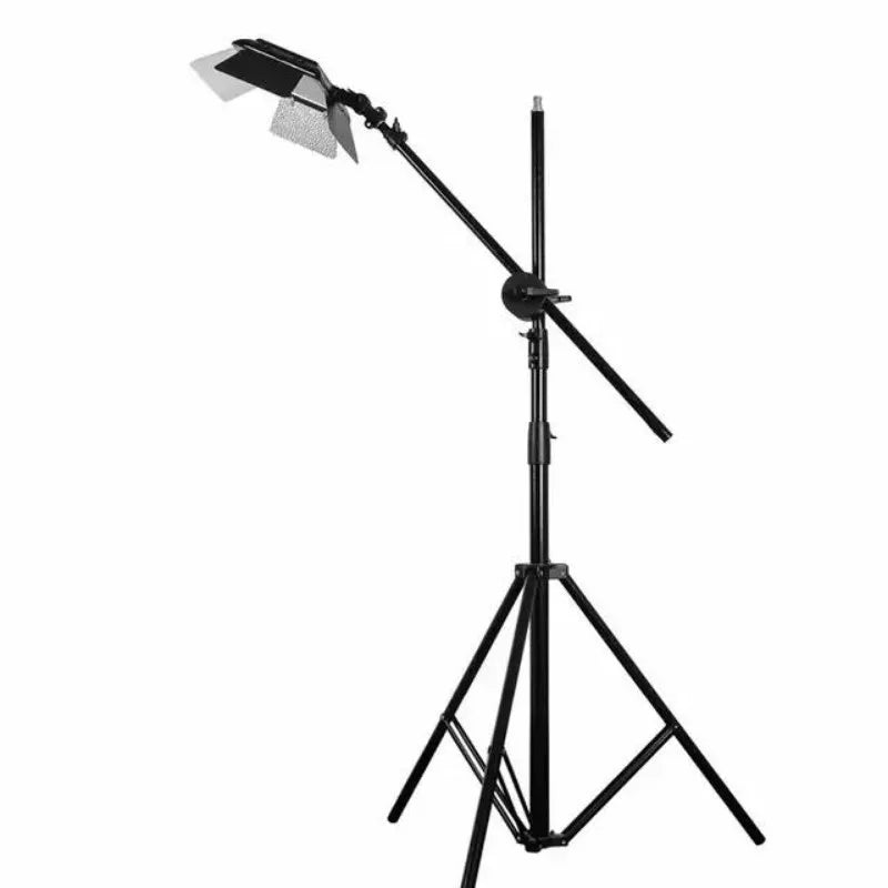 Black photography boom stand with tripod base and adjustable light head with reflective barn doors for studio lighting.