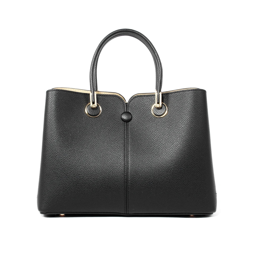 Elegant black PU leather handbag with pebble texture, top handles, and gold hardware. Large capacity designer tote.