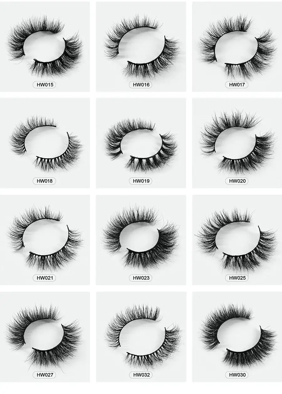 Grid of twelve black 3D mink false eyelash styles with ultra-soft flex bands, each labeled with a unique model code.