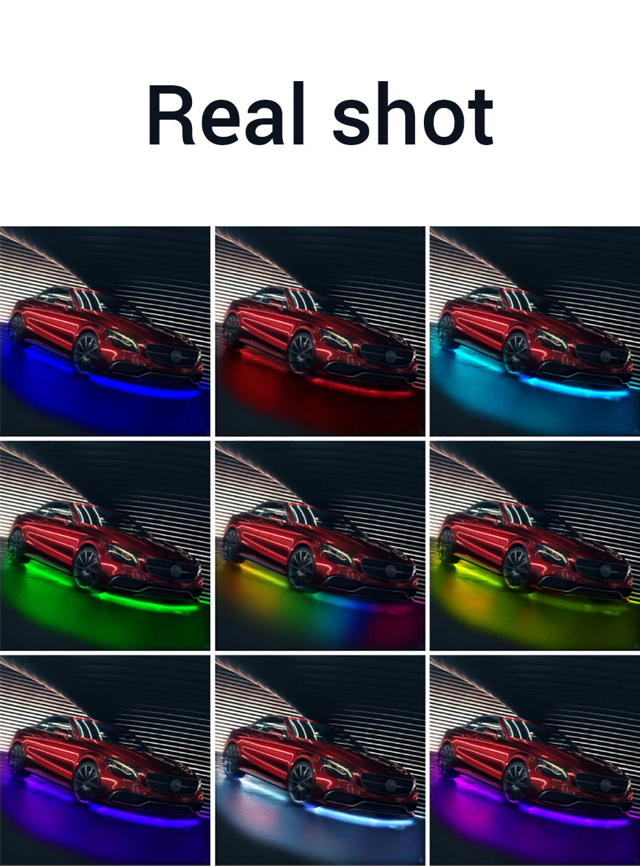 Multicolor LED car underglow strip lights shown in various colors beneath a red sports car.