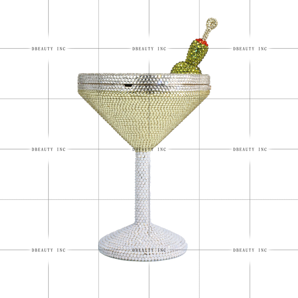 Martini glass designer evening clutch covered in yellow, white, and green crystals for formal wedding party outfits.