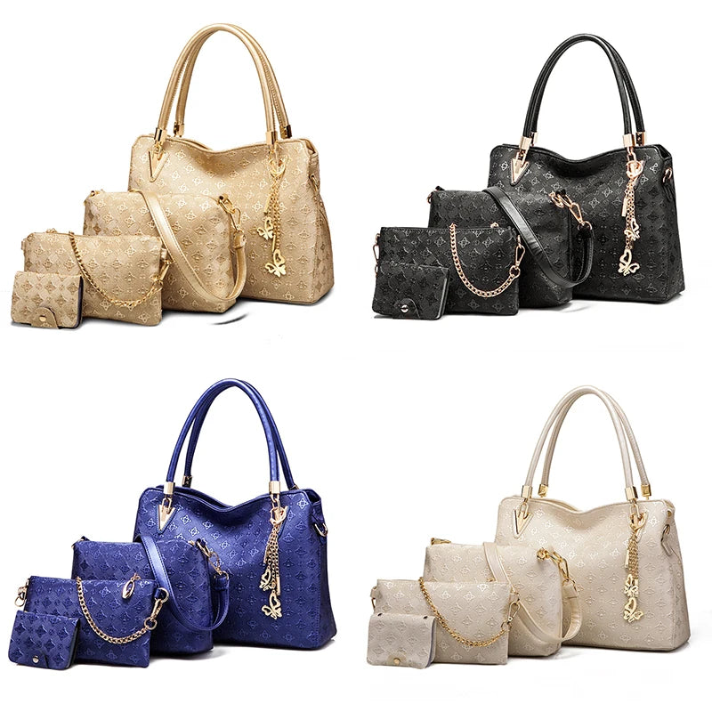 4-piece foldable satchel set in gold, black, blue, and beige with embossed patterns, butterfly charms, and gold chains.