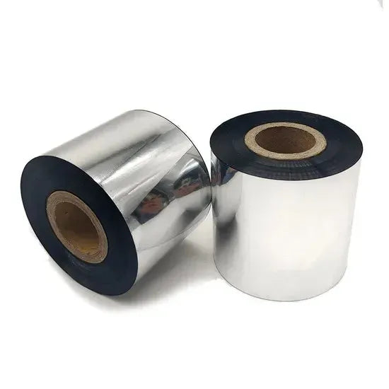 Wax/resin barcode ribbon roll, shiny silver film with black ends and brown core