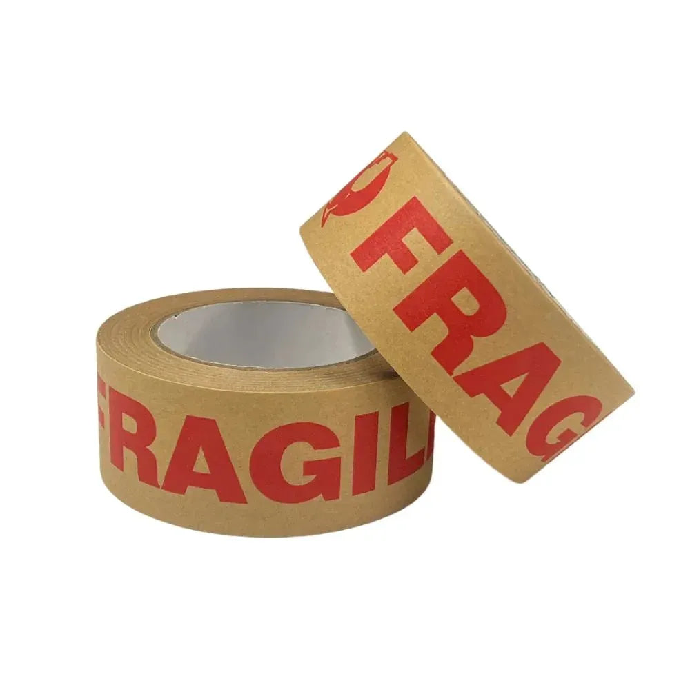 Brown FRAGILE packing tape roll with another loose strip beside it