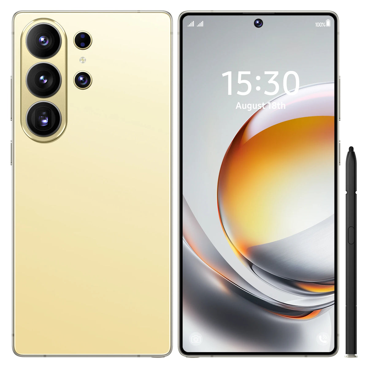 Gold smartphone with triple rear cameras and large front display