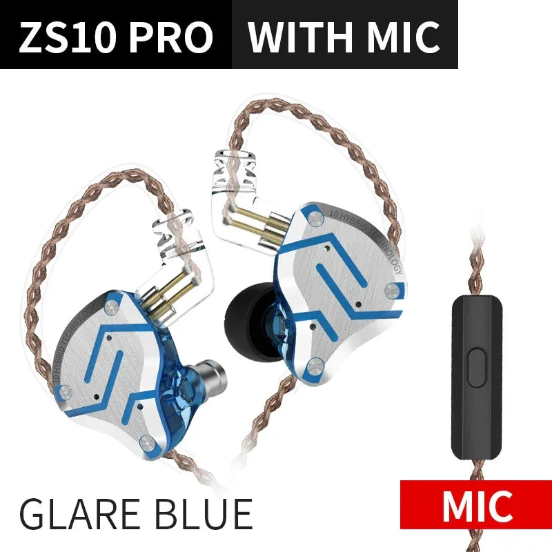 KZ ZS10 Pro 5-Driver HiFi Wired In-Ear Monitors by Tidesmit Glare blue mic Tidesmit