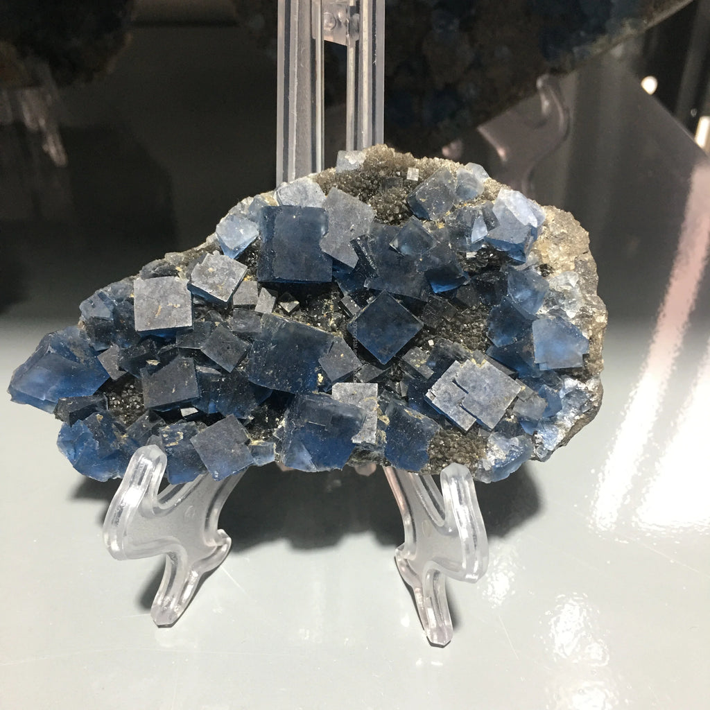 Blue fluorite crystal specimen with cubed crystals on clear display stand