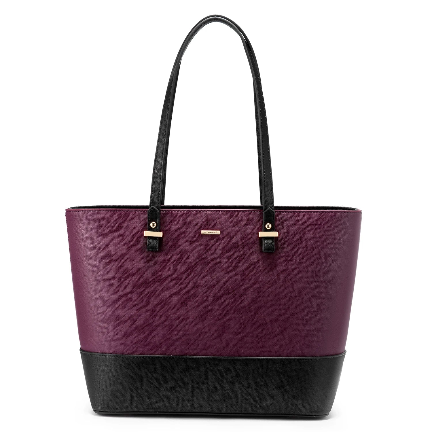 LOVEVOOK elegant purple and black PU leather designer tote bag with gold hardware and shoulder straps.