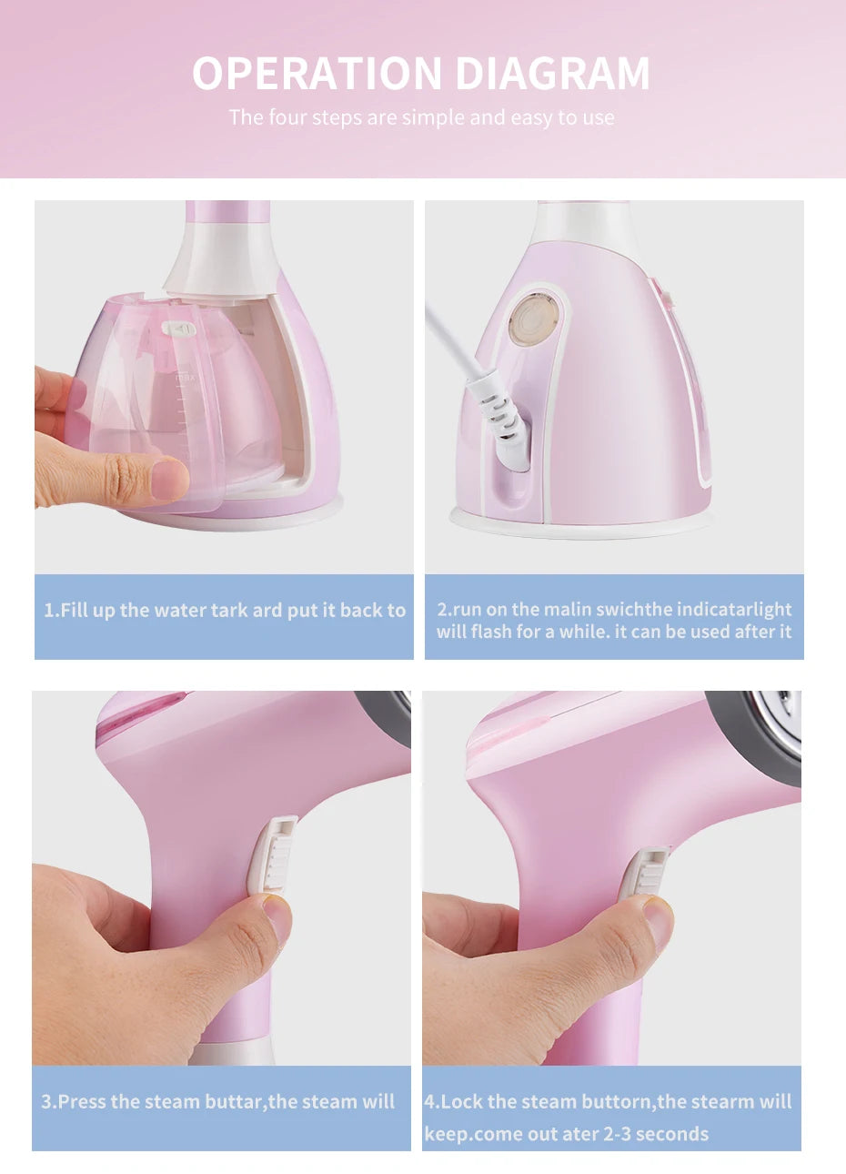 Tidesmit saengQ 1500W handheld garment steamer for clothes showing the 280ml water tank and fast-heat nozzle
